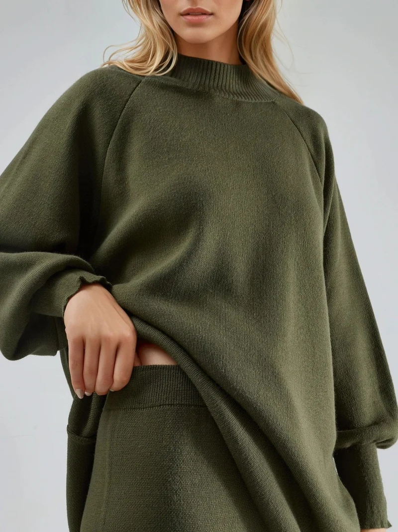 My Fashion Khaki Green MY FASHION Loose Fit Sweater & Pants Knit Co-ord Set for Women | Best Price UAE
